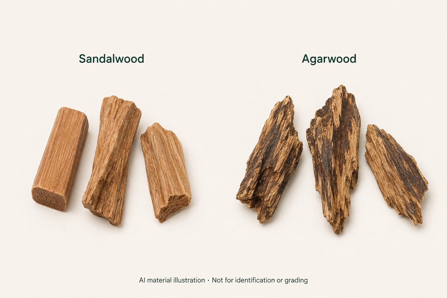 AI illustration of three sandalwood pieces on the left and three resin-containing agarwood pieces on the right