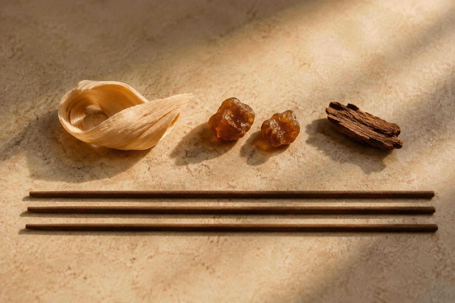 Wood shaving, resin pieces and bark arranged above three unlit incense sticks as scent associations