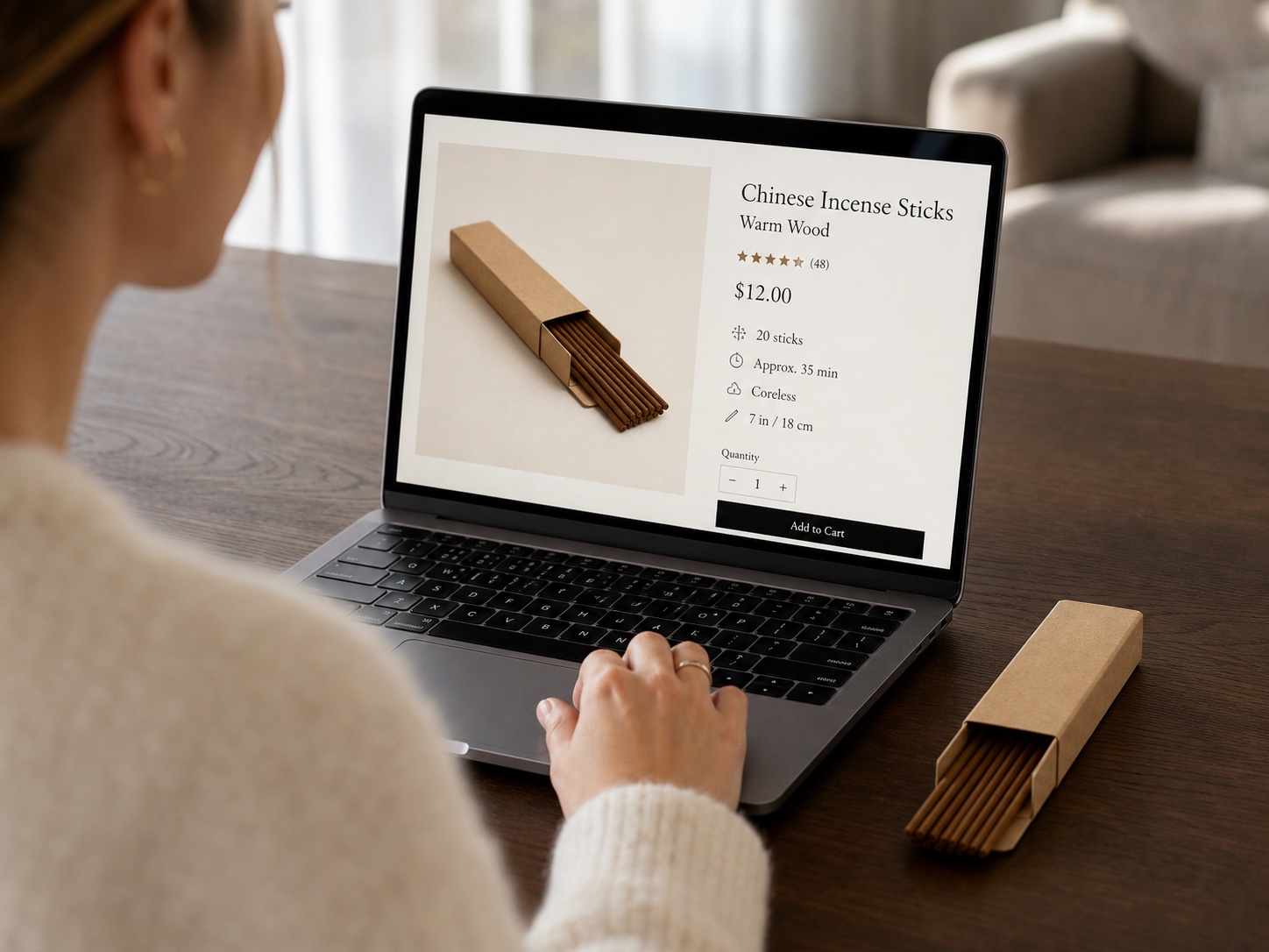 Shopper reviewing the burn time, size, and construction details on a Chinese incense listing