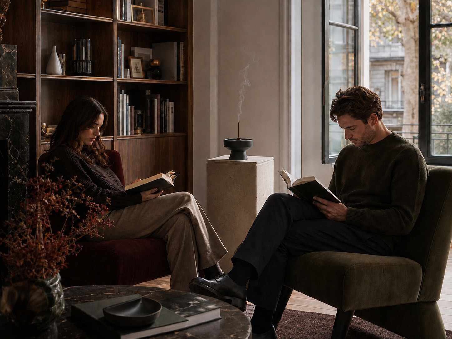 Couple reading quietly while incense burns on a separate stone stand in a ventilated living room
