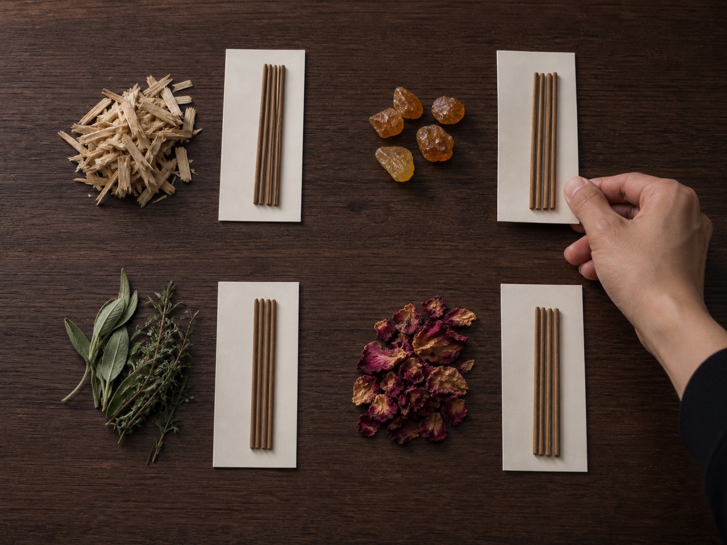 Incense sticks arranged beside visual references for woody, resinous, herbal, and floral scent directions