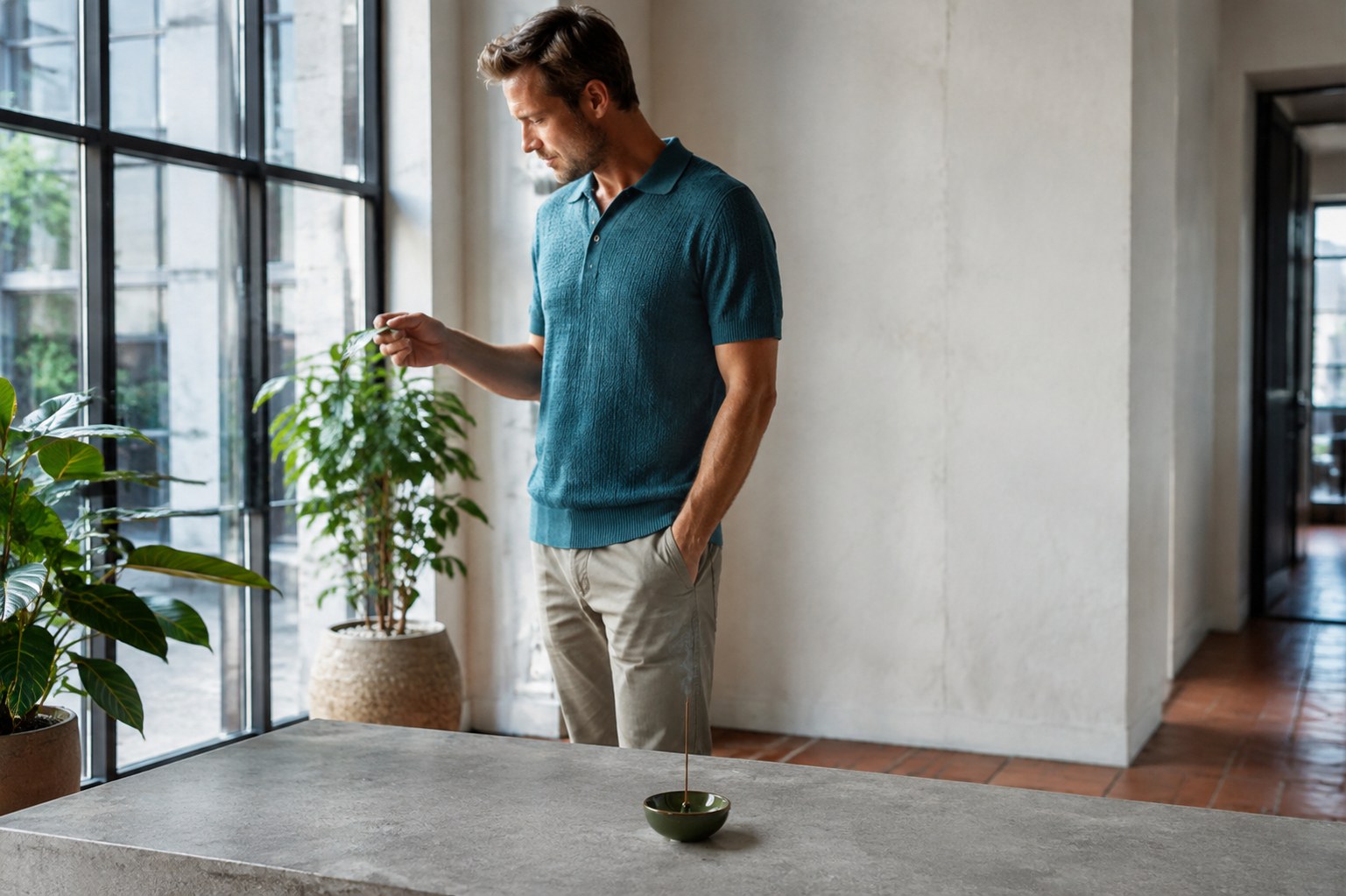 Man tending a houseplant with incense on a separate clear stone console