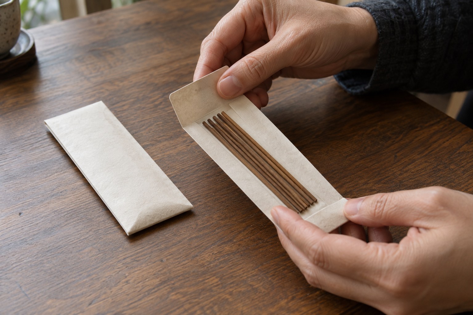 Hands opening an unbranded paper sleeve containing a small group of neatly aligned incense sticks
