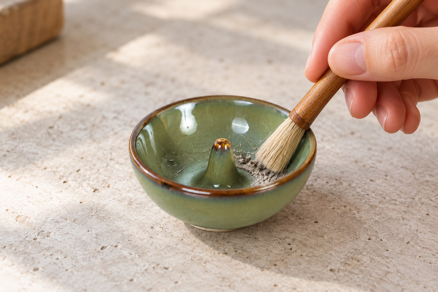 A hand brushing cold ash from a green glazed ceramic incense holder with a brown rim and raised central support