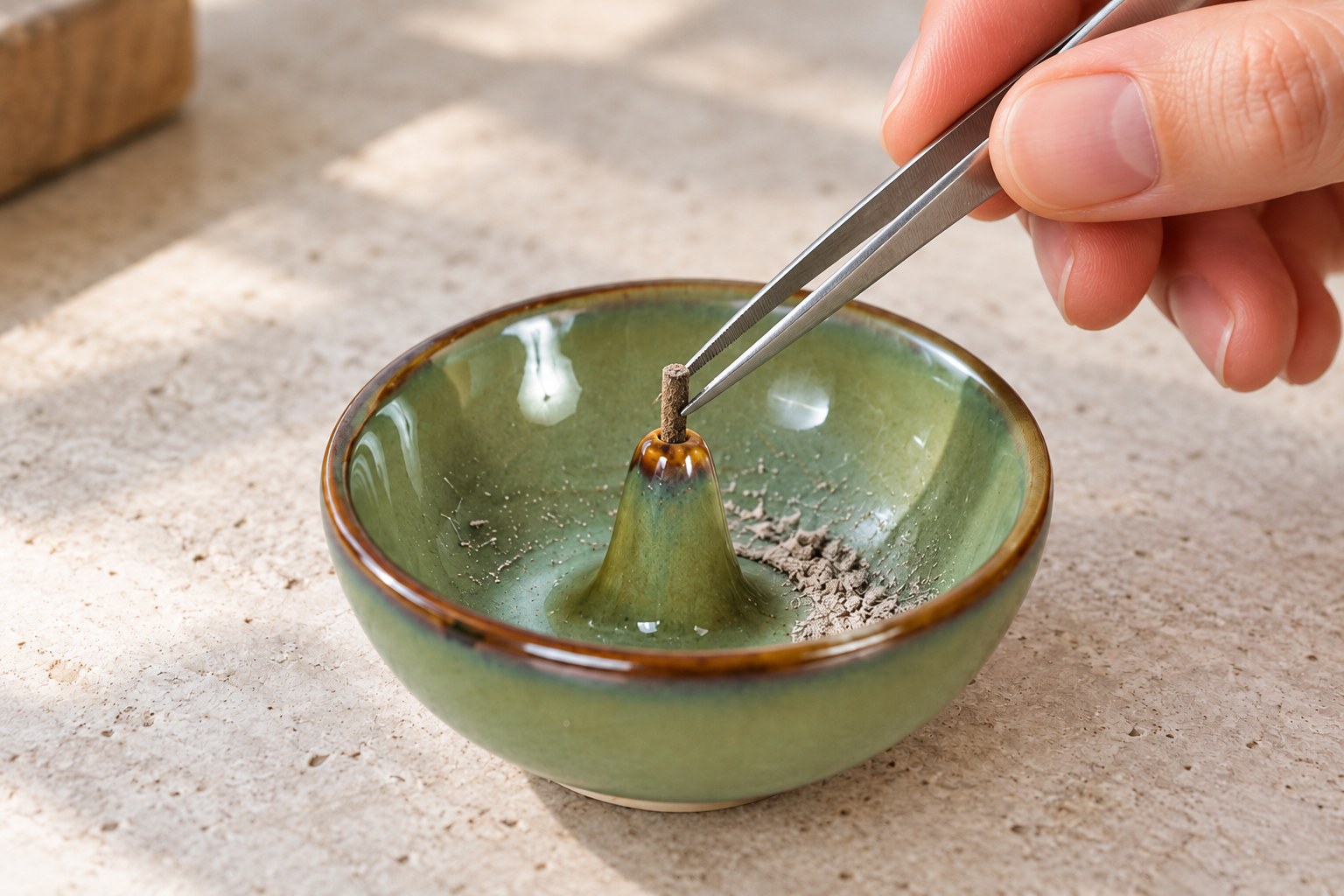 Tweezers gripping a cold incense stub protruding from the central opening of a green glazed ceramic incense holder