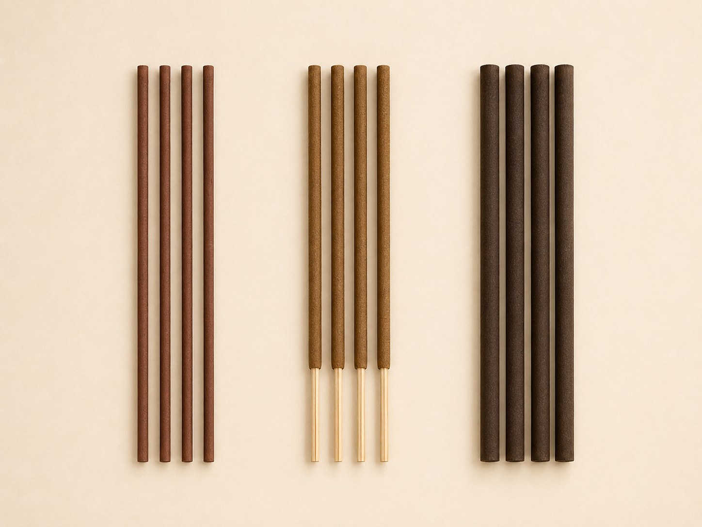 Three groups of coreless, bamboo-core and thicker bambooless incense sticks
