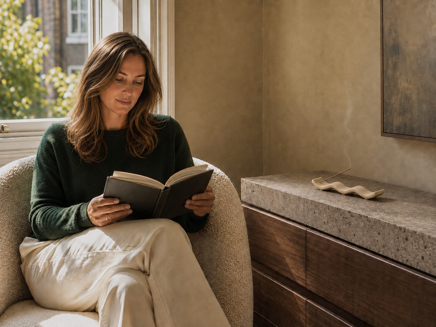 Woman reading beside a beige wave-shaped ceramic incense holder