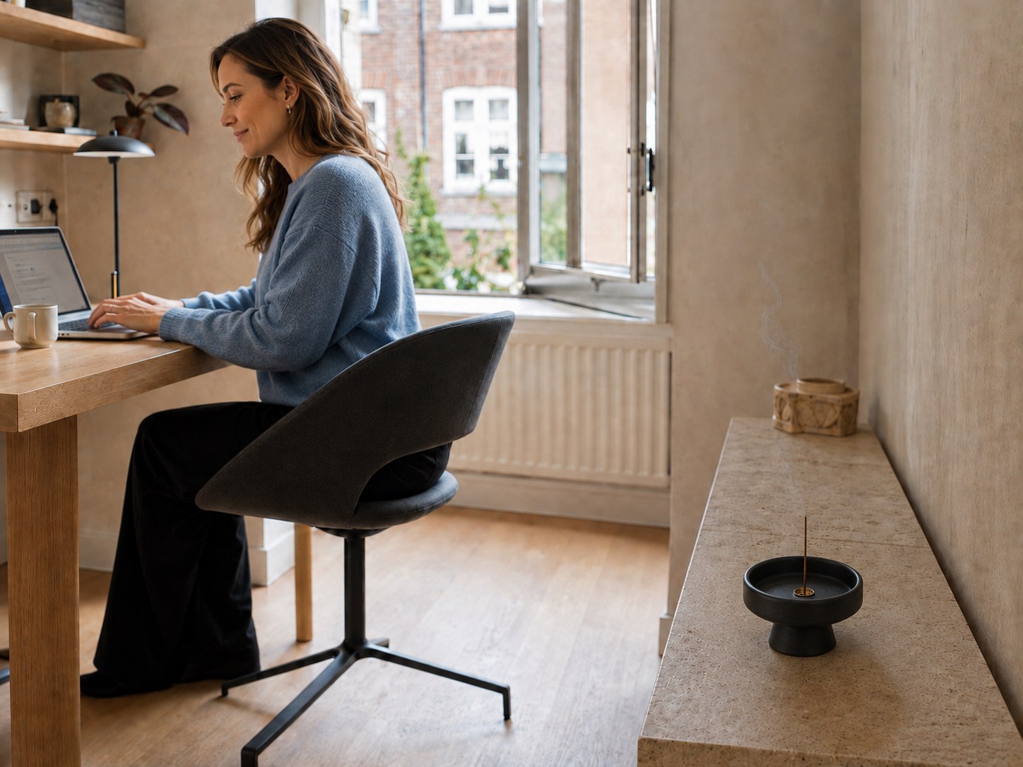 Woman working with incense in a black pedestal bowl on a separate stone console