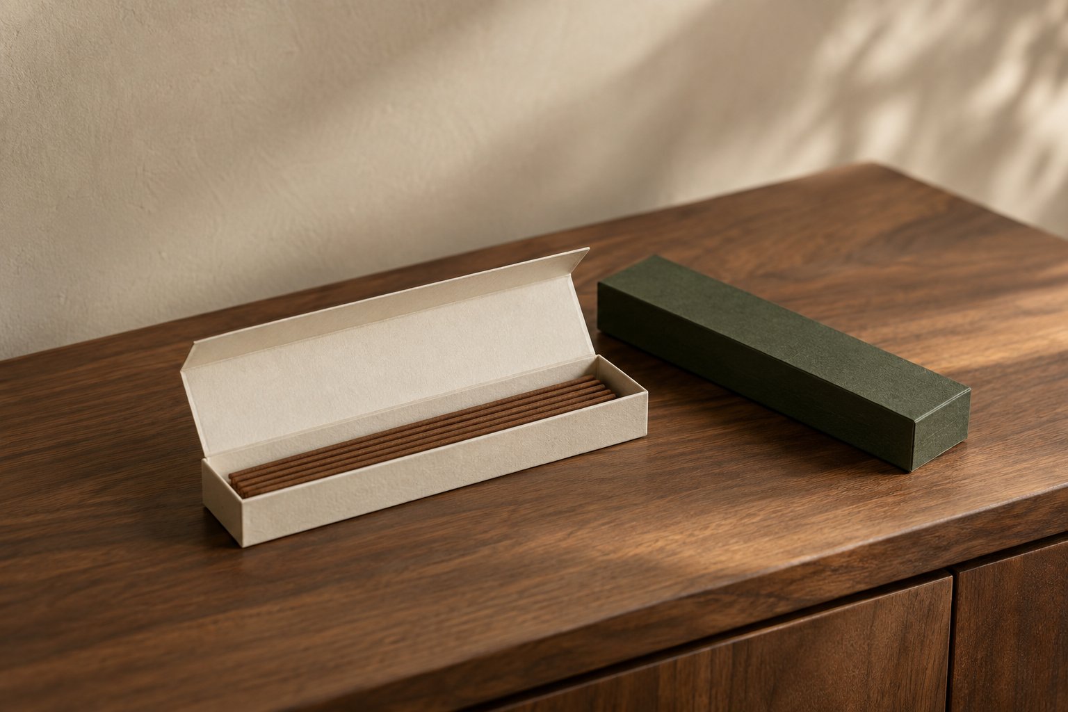 An open ivory box of unlit incense sticks beside a closed green box on a walnut cabinet