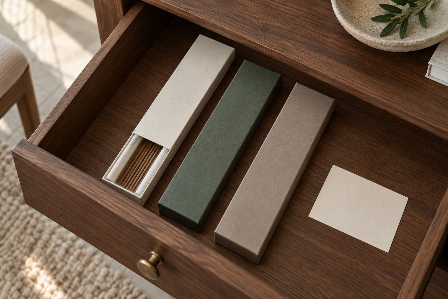 Three separately packaged incense boxes and a blank date card in a walnut drawer