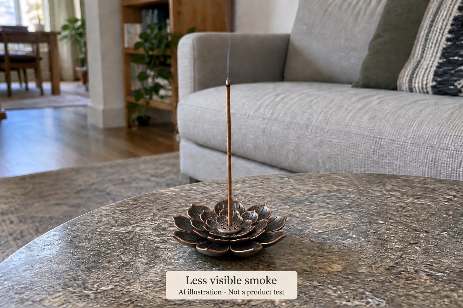 AI illustration of one incense stick in a lotus holder with less visible smoke