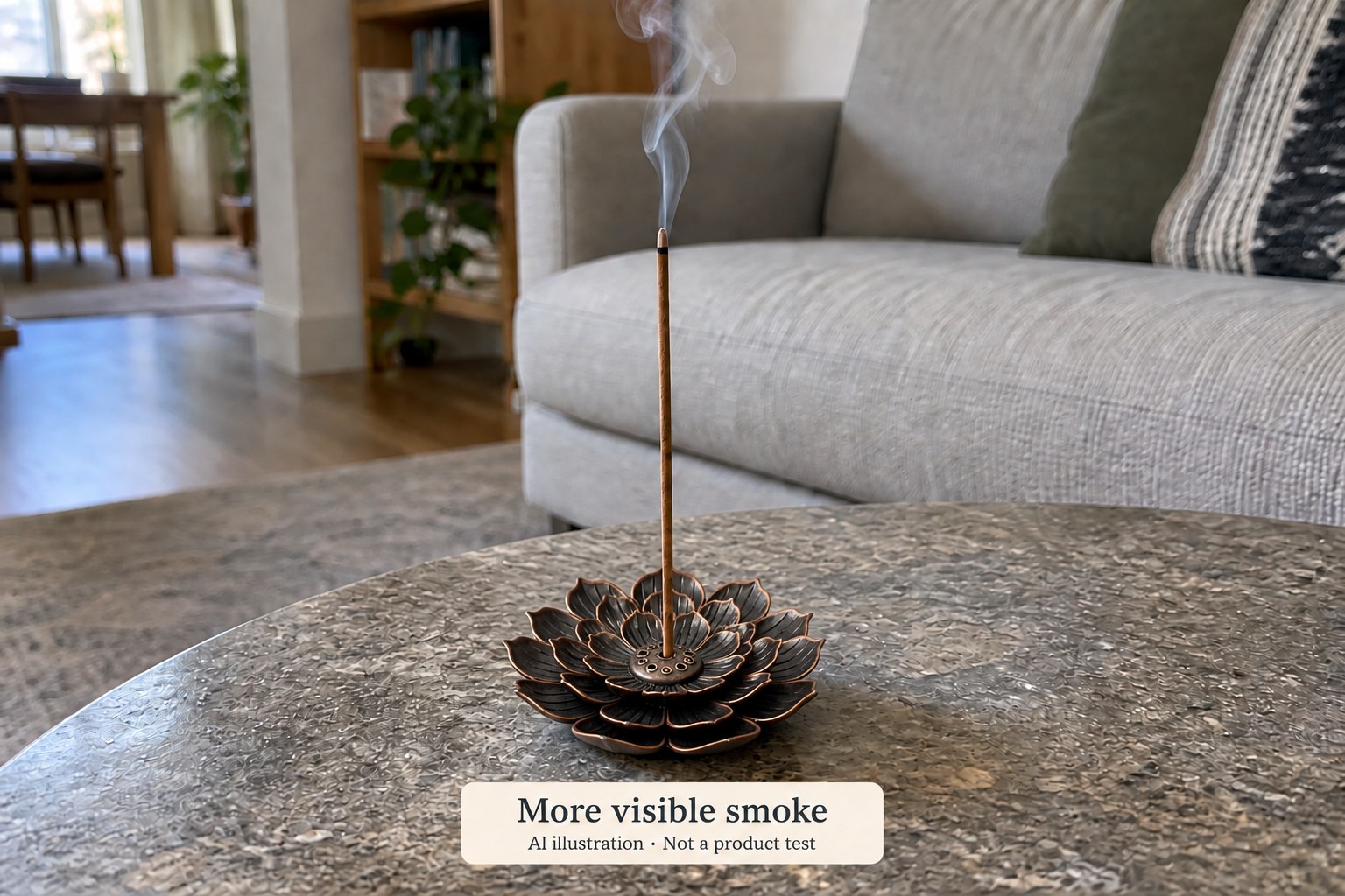 AI illustration of one incense stick in a lotus holder with more visible smoke