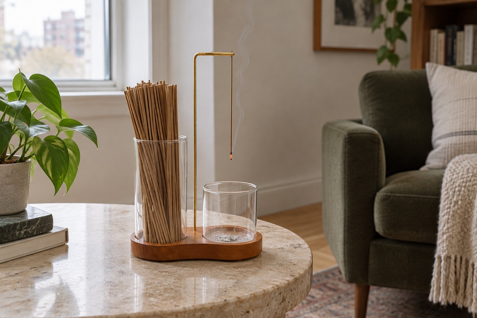 Incense hanging above a glass ash catcher on a wooden base in a softly lit living room