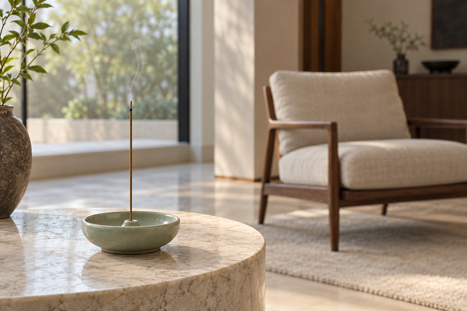 One incense stick in a celadon ceramic ash-catching holder on a stone table, with a reading chair farther back