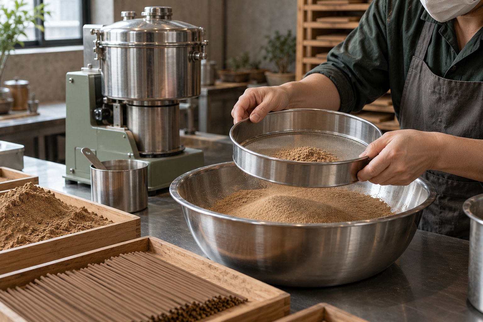 Ground powder passes through the sieve into the bowl below.