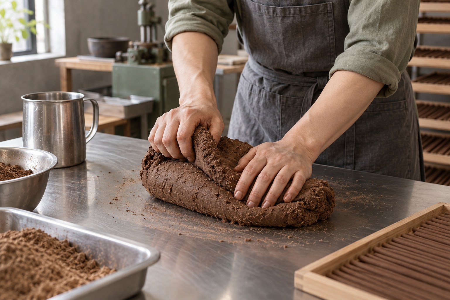 Folding and pressing bring the damp powders into a workable paste.