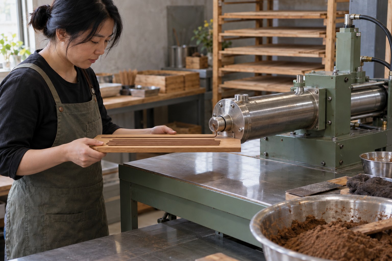 A receiving board supports the soft strand as it leaves the press.
