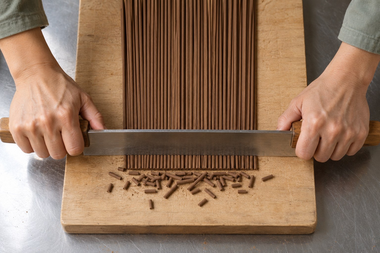 The strands are aligned, then cut across the ends.