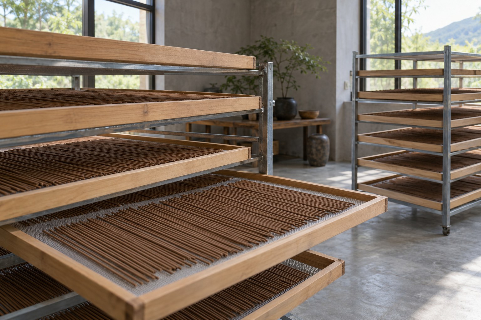 Thin sticks lie flat on mesh trays, with space between the rack’s shelves.