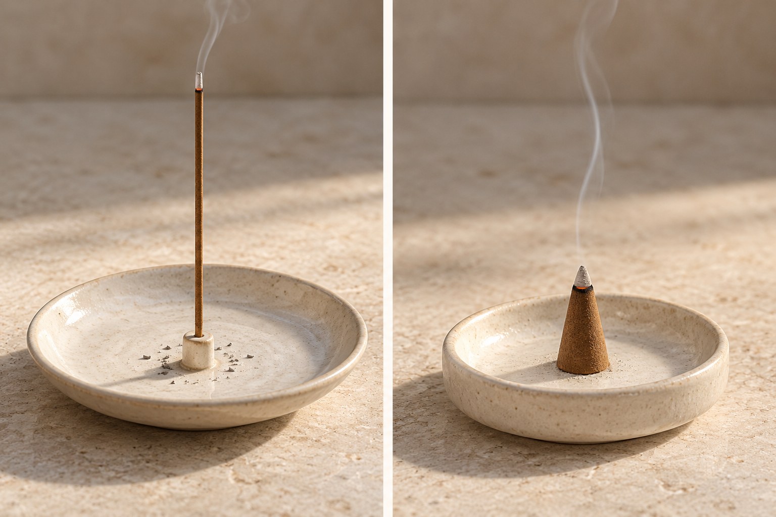 Side-by-side burning incense setups: a vertical stick supported above an ash-catching ceramic dish, and an ordinary cone standing on a ceramic cone burner