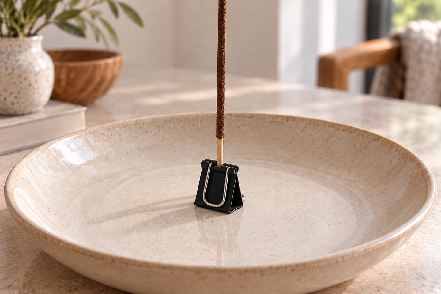 A black binder clip with its wire handles folded down against the front and back faces, holding an unlit incense stick by the bare bamboo end