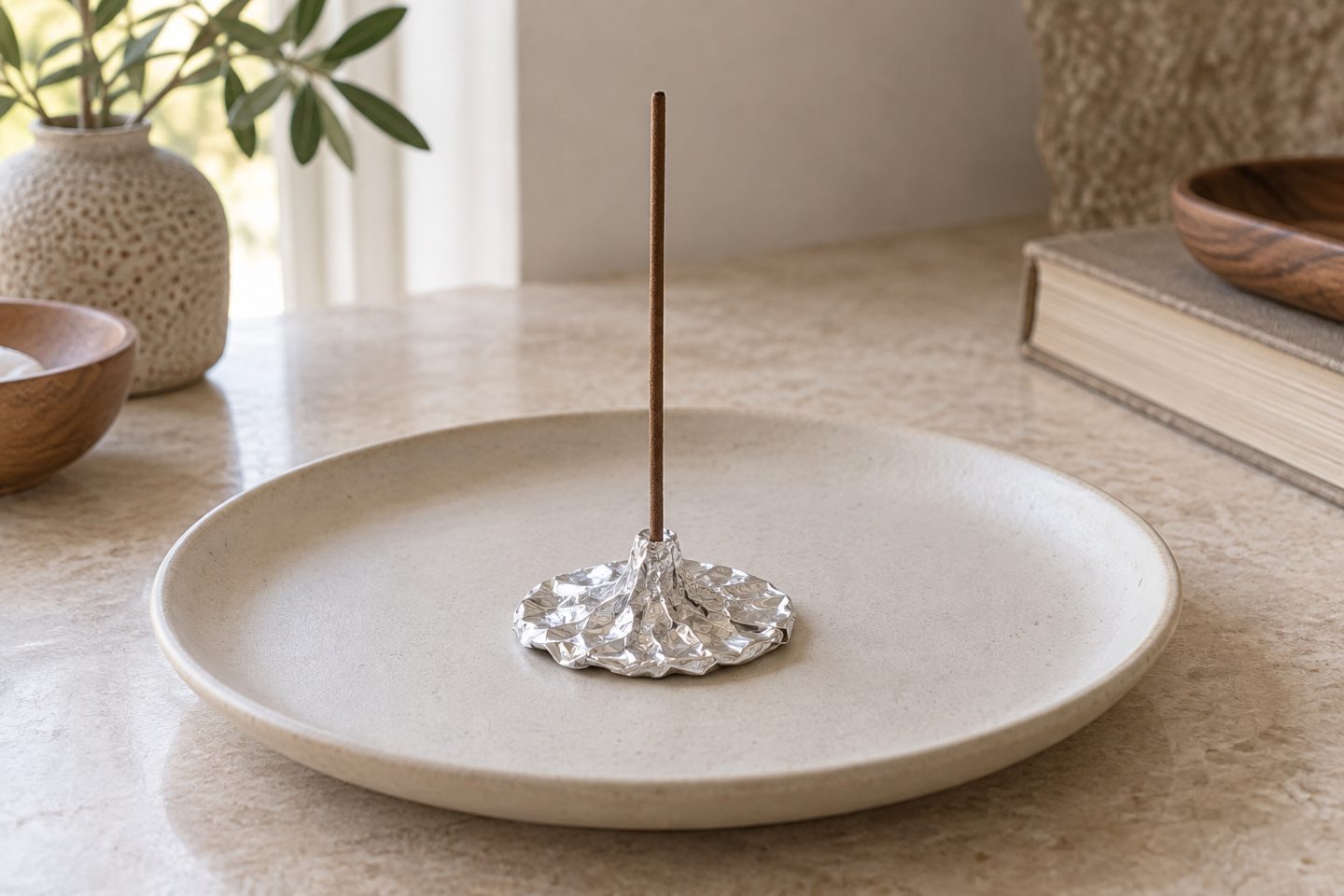 An unlit coreless incense stick supported by a low broad aluminum-foil base in a ceramic dish