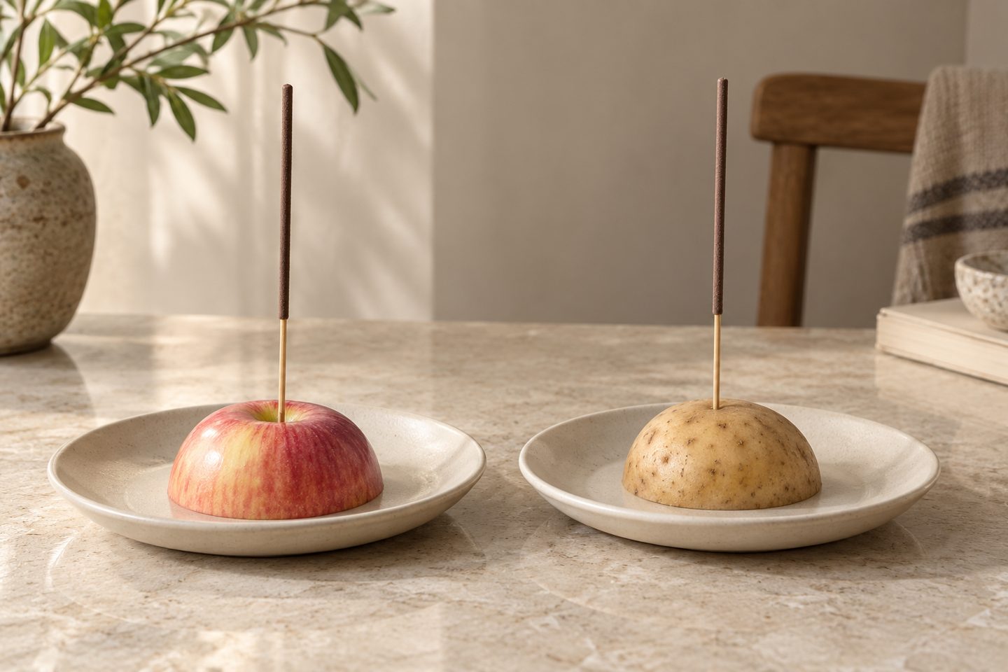 Halves of an apple and a potato placed cut-side down on separate dishes, each supporting an unlit bamboo incense stick