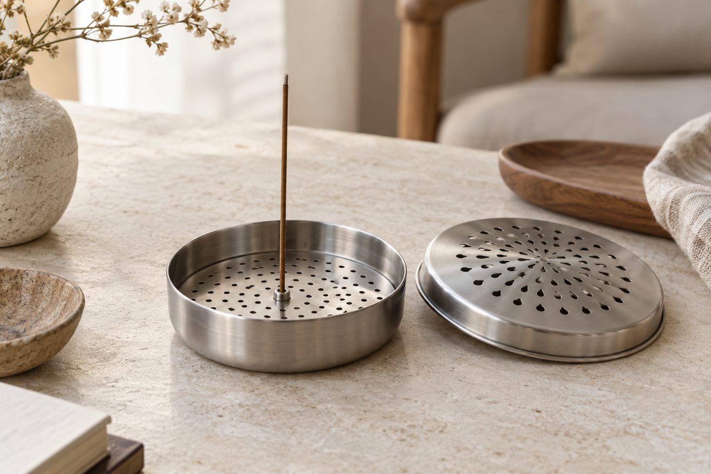 An open metal combination incense burner with a central stick support and a detached vented lid