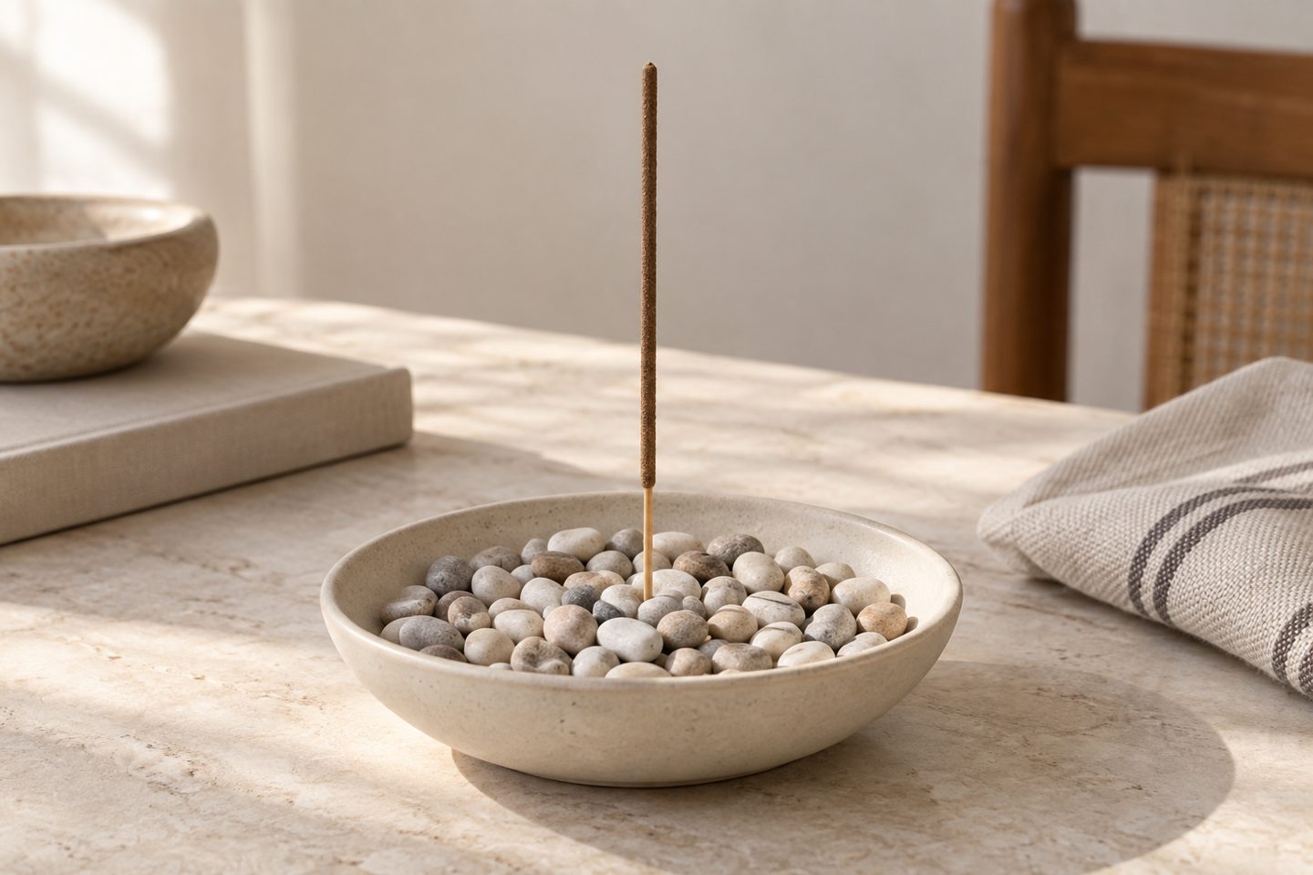 An unlit bamboo-cored incense stick held upright among small pebbles in a wide ceramic bowl