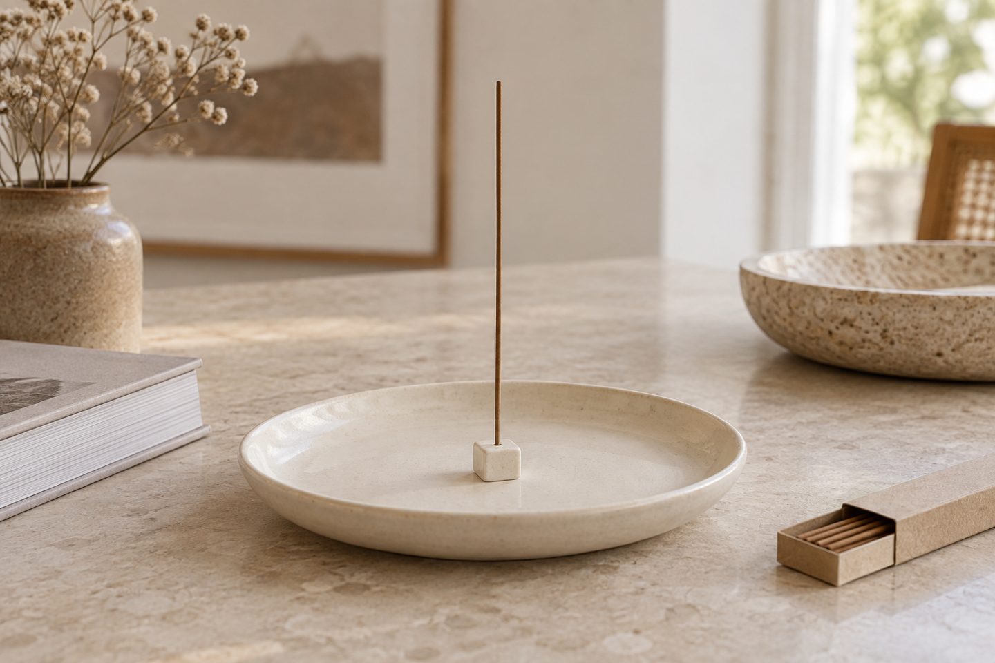 An unlit coreless incense stick in a small square ceramic holder inside a wide dish