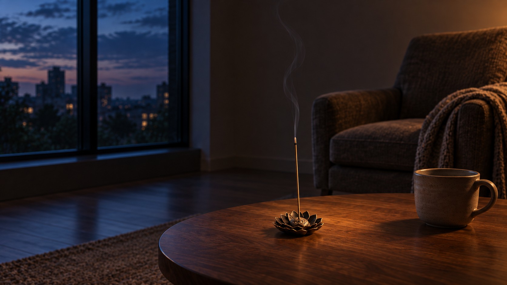 A small bronze-colored lotus incense holder on a wooden table beside a chair and ceramic mug, with cool evening light at the window