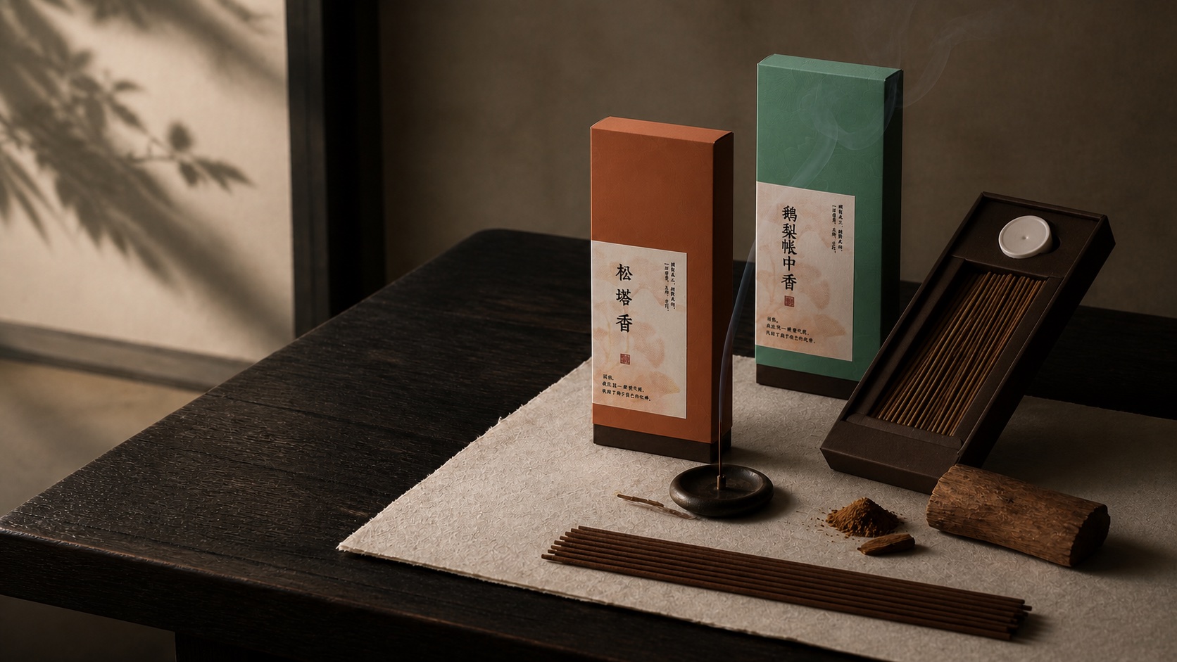 Chinese incense presentation boxes and an opened incense box on a dark wood table with handmade paper and rising smoke