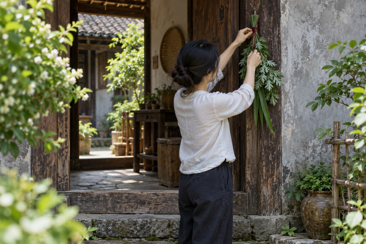 A woman hanging a bundle of mugwort and calamus at a rural Chinese doorway.