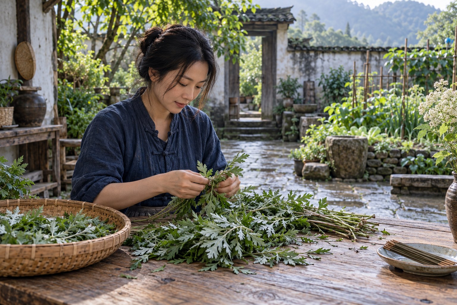 A woman sorting mugwort stems at a courtyard table, with unlit incense on a ceramic tray.