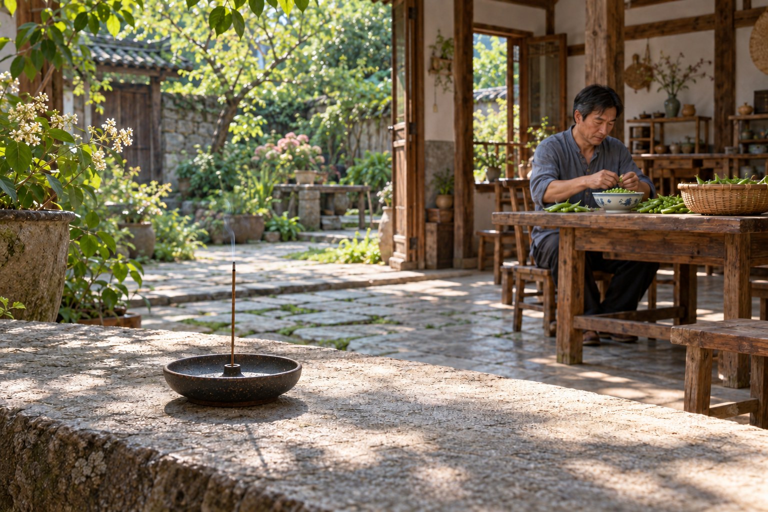 A man shelling peas in an open rural home, with one incense stick burning on a separate stone surface in the foreground.