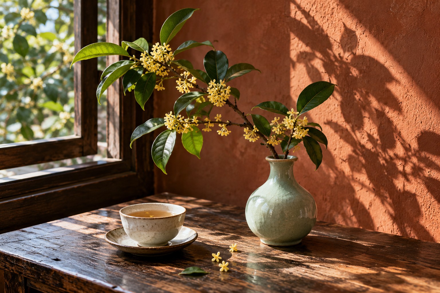 Small yellow osmanthus blossoms in a pale celadon vase beside a ceramic teacup.