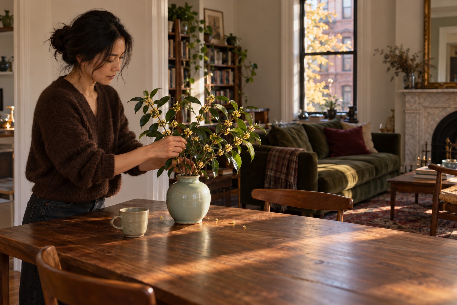 A woman arranging osmanthus branches in a ceramic vase in an autumn apartment.