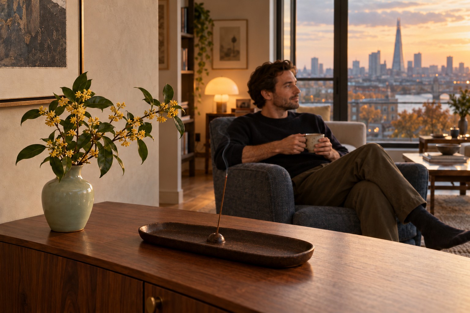 A single incense stick burns in a ceramic holder and ash tray near osmanthus branches, with a man relaxing in a contemporary living room.