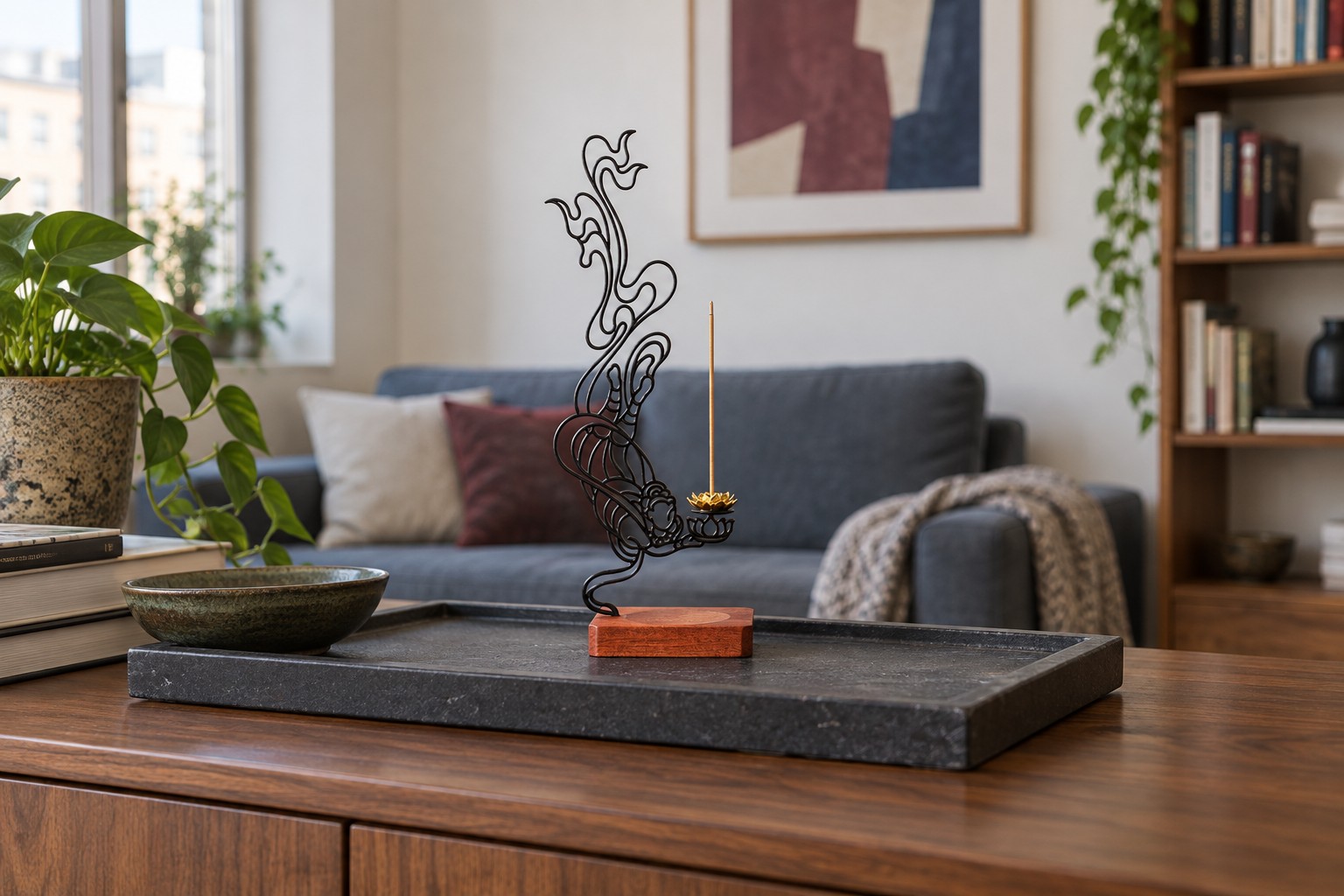 AI illustration of a black openwork incense holder with a gold lotus socket and wood base in a contemporary living room