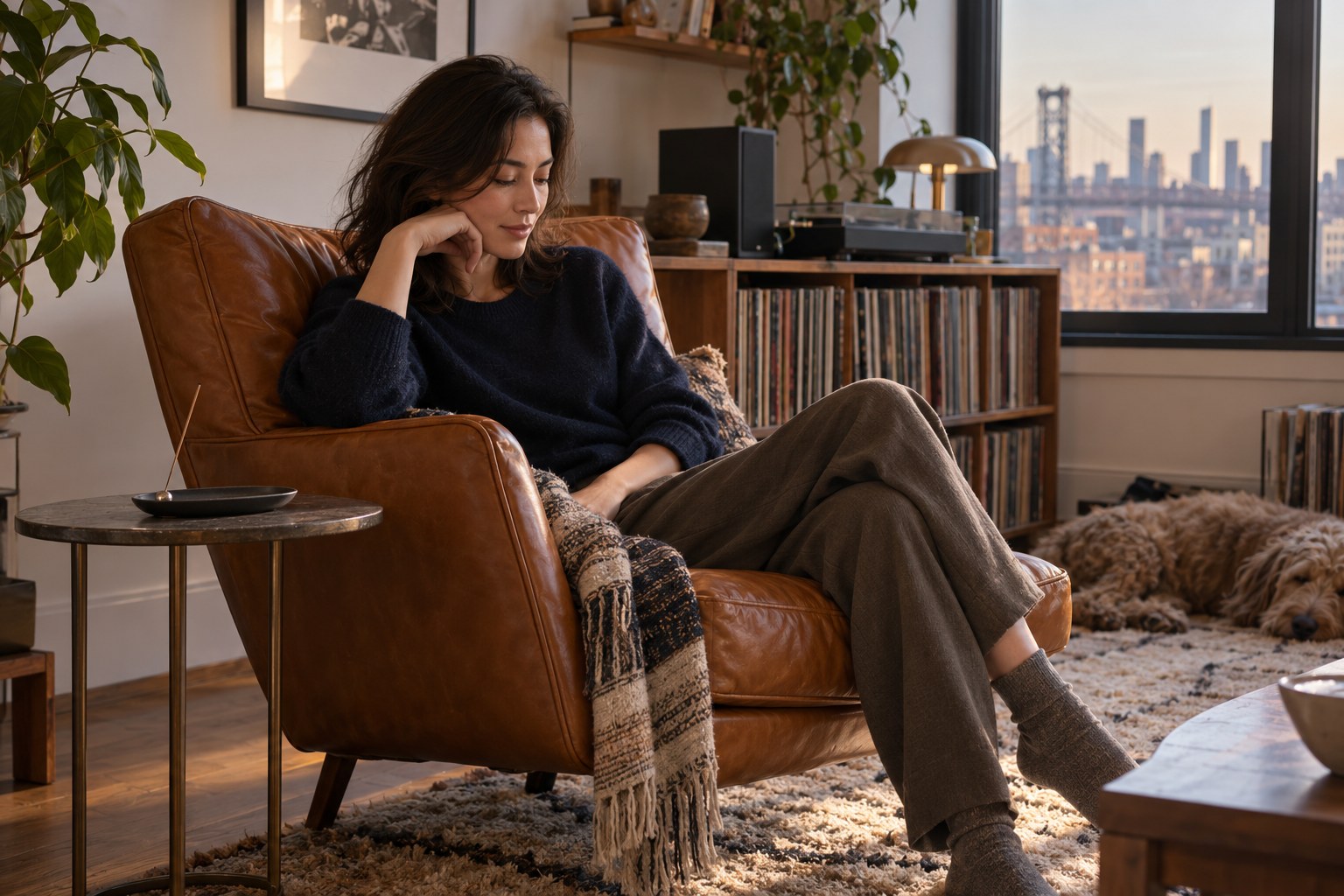 A woman resting in a leather armchair in a lived-in apartment.