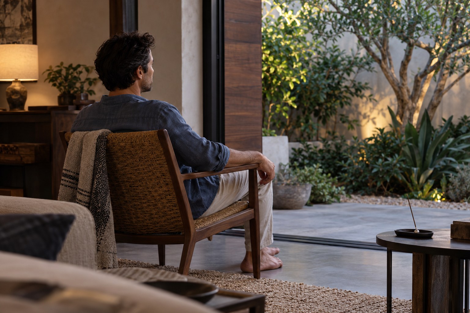 A man sitting indoors beside an open view of a green courtyard.