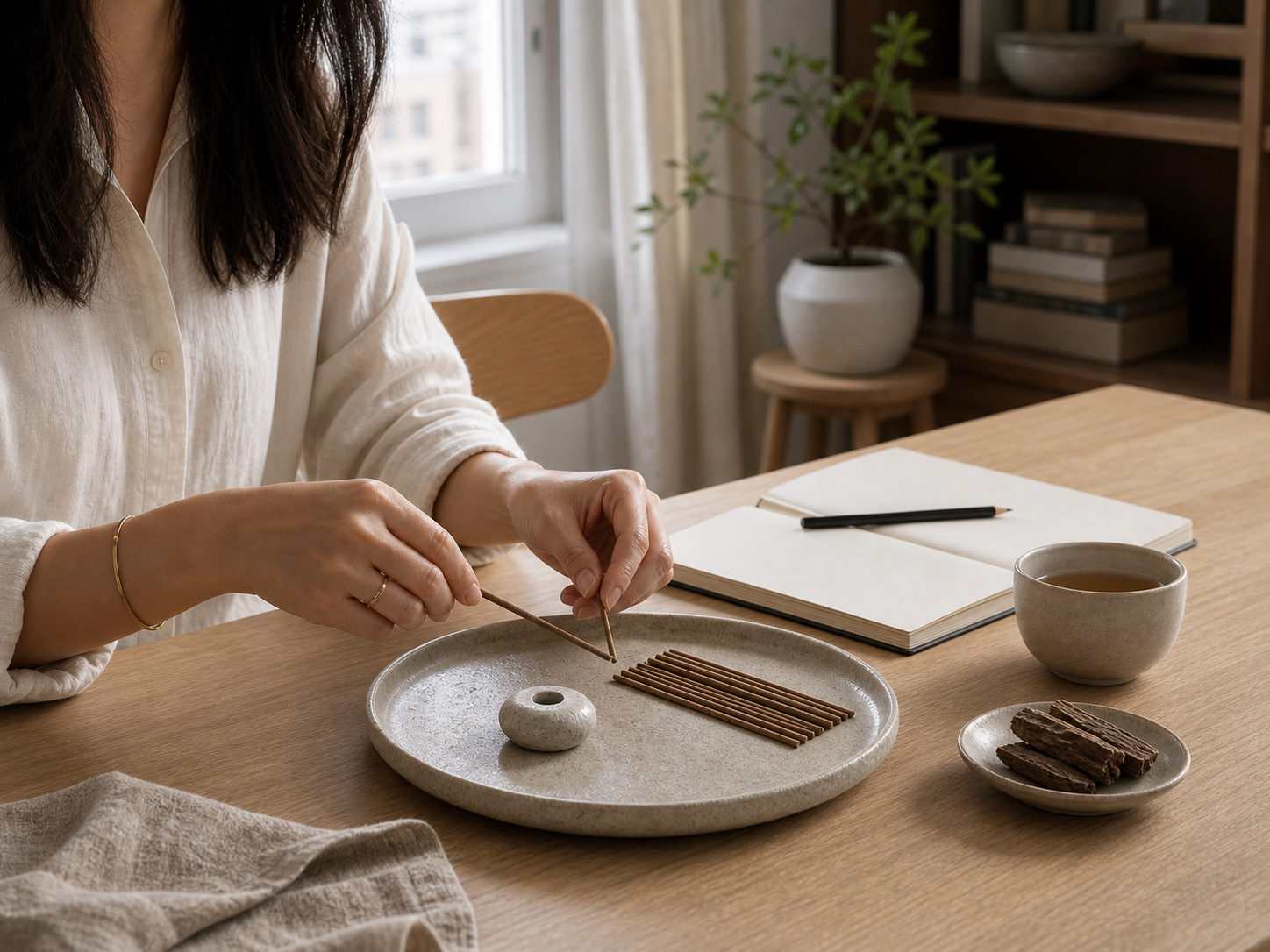Woman learning about Chinese incense at a quiet desk