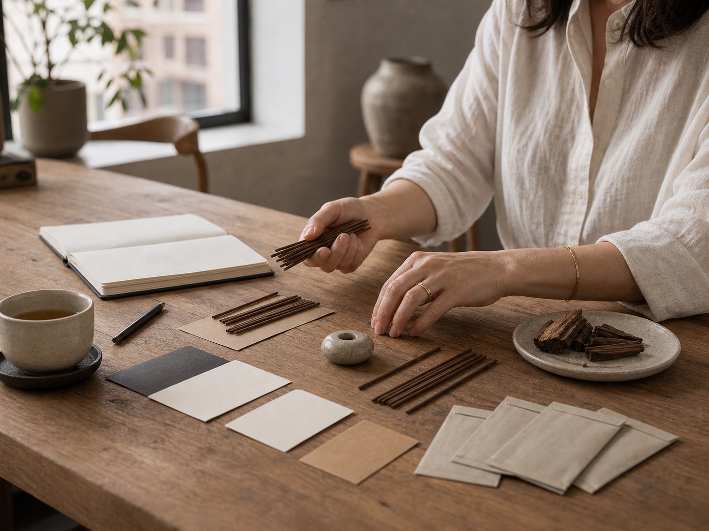 Illustrated incense samples and blank notes in a modern apartment